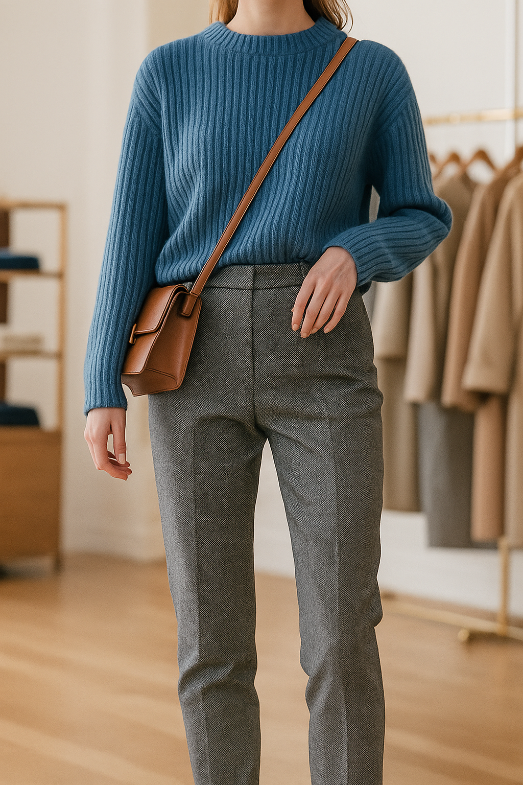 Trousers in Wool Blend, Straight-Leg High-Waist Fit, Non-Stretch, Camel