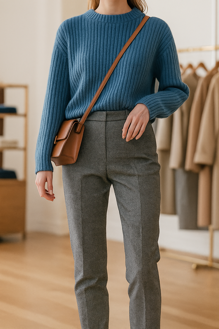 Trousers in Wool Blend, Straight-Leg High-Waist Fit, Non-Stretch, Camel