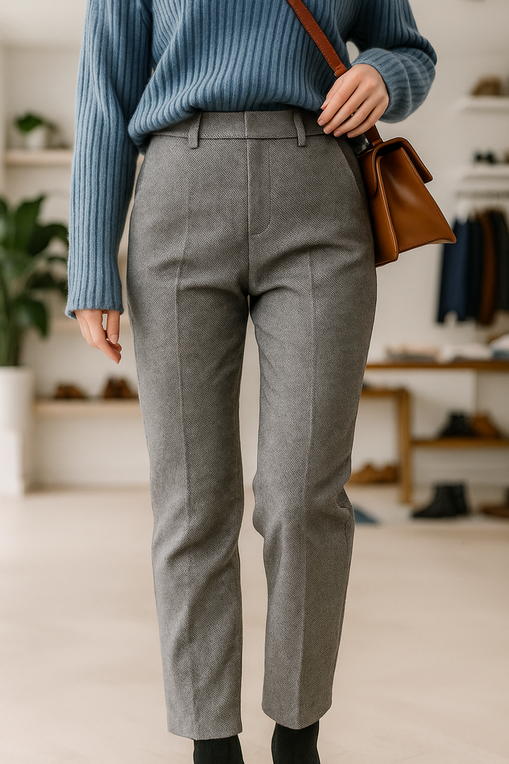 Trousers in Wool Blend, Straight-Leg High-Waist Fit, Non-Stretch, Camel