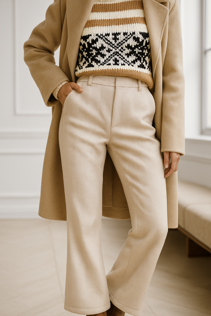 Trousers in Wool Blend, Straight-Leg High-Waist Fit, Non-Stretch, Camel